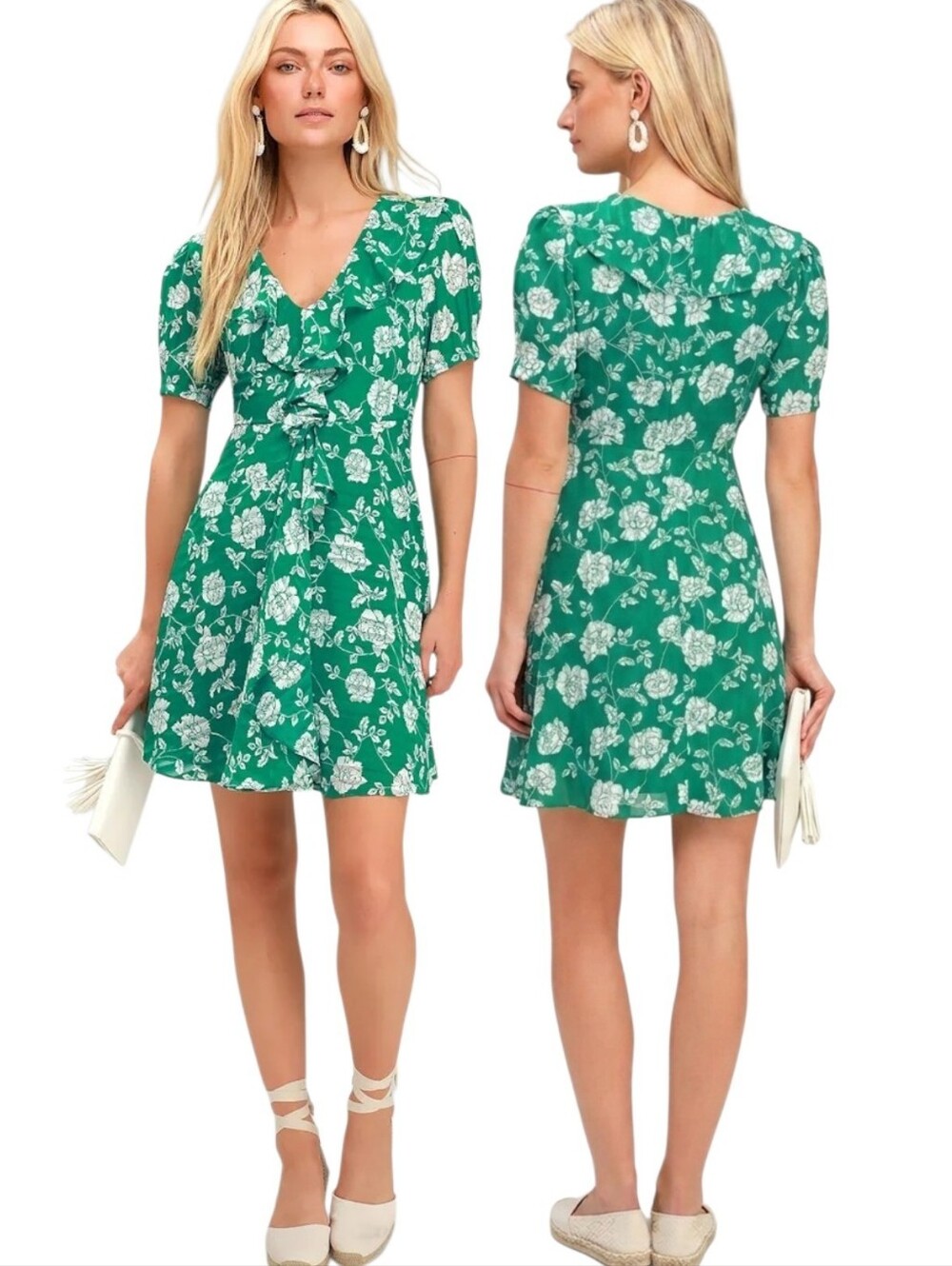 LULUS Ximena Green Floral Print Ruffled Short Sleeve Mini Dress - Size S